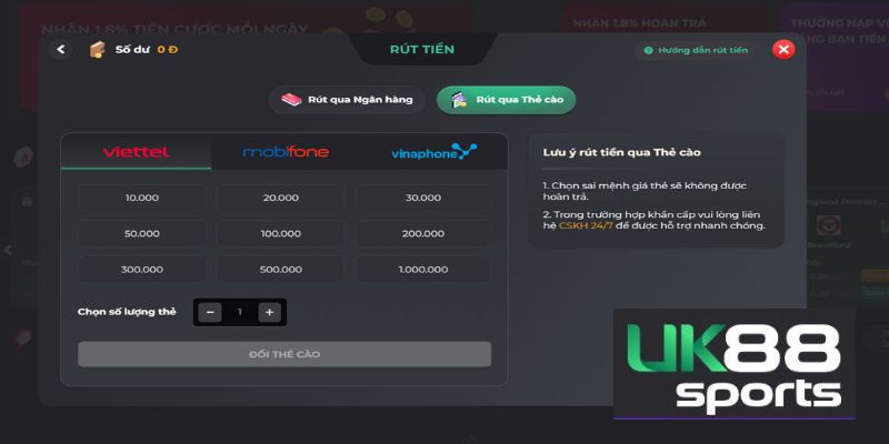 Quy trình rút tiền về ngân hàng cực kỳ đơn giản tại Uk88